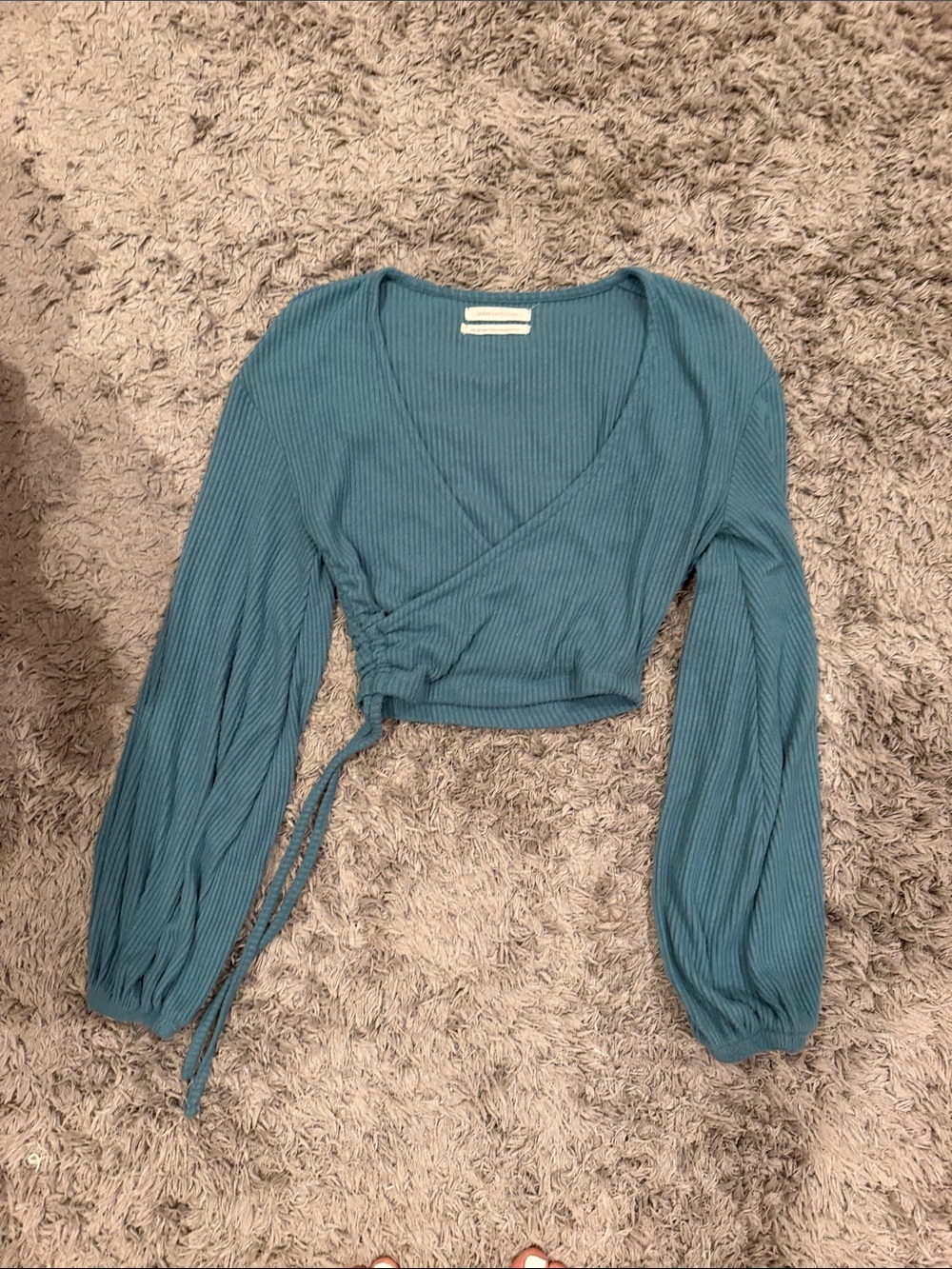 Urban Outfitters Teal Ribbed Wrap Crop Top with Balloon Sleeves